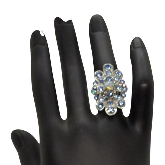 Statement Ring Blue & AB Rhinestones Adjustable Silver Tone - Picture 1 of 6